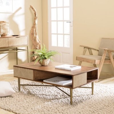 MACABANE Alix - Table Basse rectangulaire en Bois de manguier 2 niches