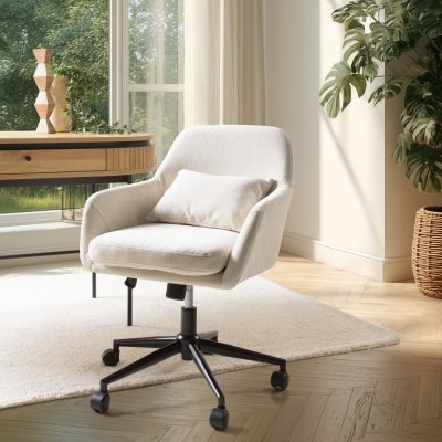 Macabane - Chaise de bureau &agrave; roulettes en tissu beige dossier carr&eacute;