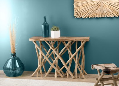 MACABANE Console nature plateau bois Teck - pieds bois flott&eacute; - CLEA