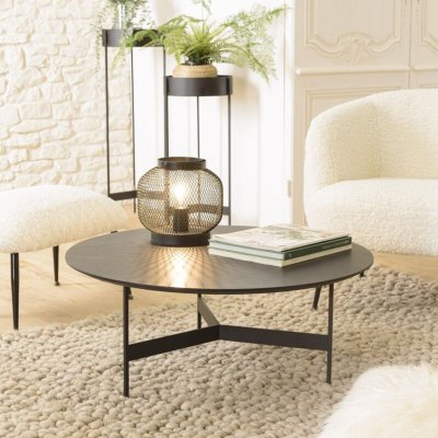 MACABANE DALY - Table basse ronde noire 78x78cm pi&egrave;tement m&eacute;tal