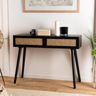MACABANE EMILIO - Console noire bois 2 tiroirs cannage