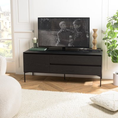  MACABANE MAXENDRE - Meuble TV noir 1 porte 2 tiroirs pieds m&eacute;tal noir