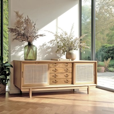 MACABANE  - Meuble TV en bois de mindi et rotin naturel