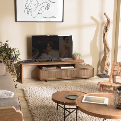 MACABANE  Meuble TV modulable 140x40cm 2 tiroirs en bois teck recycl&eacute;