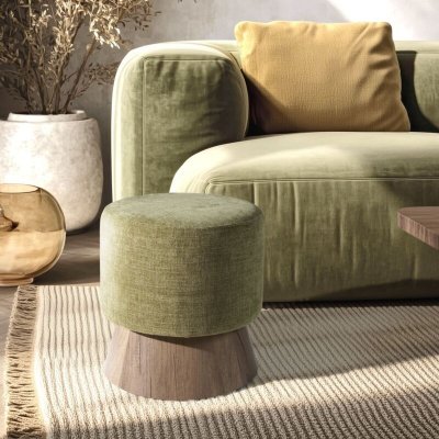 MACABANE  - Pouf rond en tissu Agathe et pied bois vert - 41x41x43cm