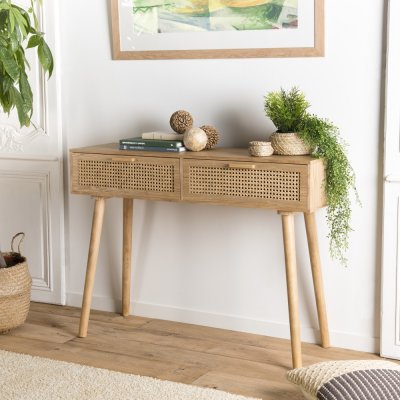 MACABANE ROMEO - Console couleur naturelle 2 tiroirs bois pin cannage