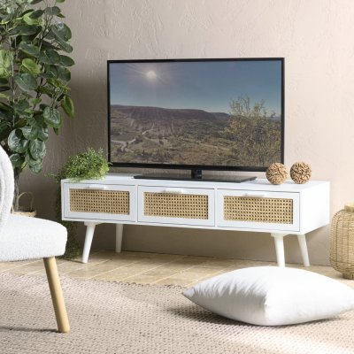 MACABANE  Sandro - Meuble TV Blanc 3 tiroirs cannage Naturel