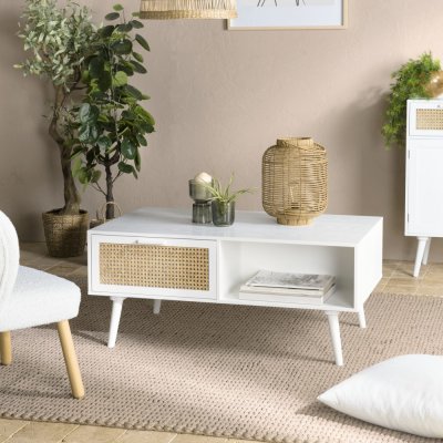 MACABANE Table basse blanche 2 tiroirs 1 niche cannage naturel SANDRO