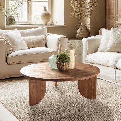 Macabane - Table basse ronde 100x100cm en bois de teck recycl&eacute;