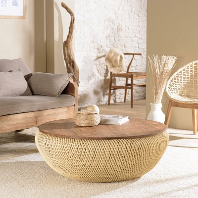 MACABANE Table basse ronde 100x100cm en rotin beige plateau amovible