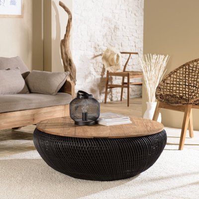 MACABANE Table basse ronde 100x100cm en rotin noir plateau amovible