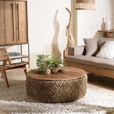 MACABANE Table basse ronde 100x100cm en tissage de fibre de cocotier