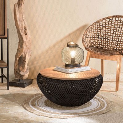 MACABANE Table basse ronde 65x65cm en rotin noir plateau amovible
