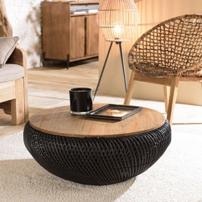 MACABANE Table basse ronde 80x80cm en rotin noir plateau amovible