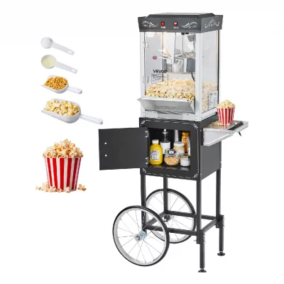 VEVOR Machine &agrave; Pop-corn avec Chariot Eclateur de Ma&iuml;s 800 W Bol de 0,2 kg Noir