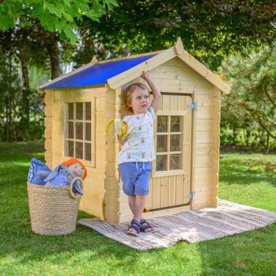 TIMBELA Maison en bois pour enfants - Toit bleu - 111x113xH121cm/0.9 m2 - SANS plancher -  M570M-1