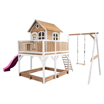 AXI HOUSE Maisonnette LIAM Brun Blanc avec 1 balancoire et toboggan Violet et bac &agrave; sable