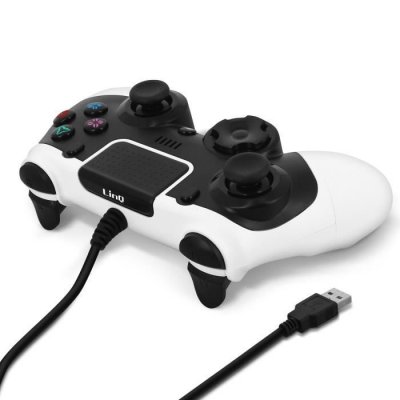 LINQ Manette PS4 / PC Filaire USB Vibration Sixaxis Boutons R&eacute;actifs Noir Blanc