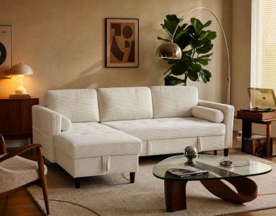  Marceau - Canap&eacute; d'angle r&eacute;versible 4 places convertible avec coffre en velours c&ocirc;tel&eacute; - Beige