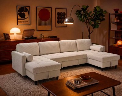 BEST MOBILIER Marceau - Canap&eacute; panoramique en U 7 places convertible avec 2 coffres en velours c&ocirc;tel&eacute;
