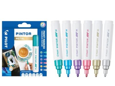 PILOT Marqueur &agrave; pigment PINTOR, medium, set de 6 METAL