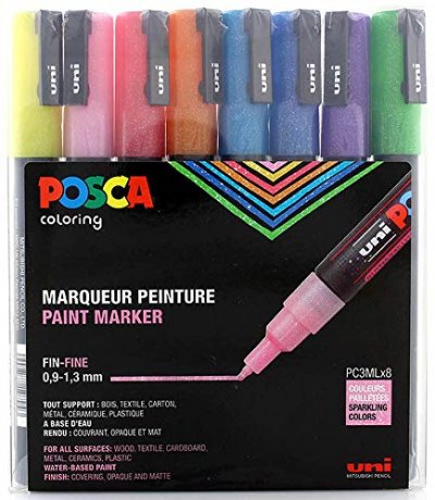 POSCA Marqueurs  pointe fine ogive paillet&eacute;s - Pochette de 8