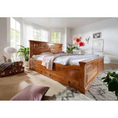 Massivmoebel24 - Lit double 200x200 Acacia laqu&eacute; Miel oxford 0311