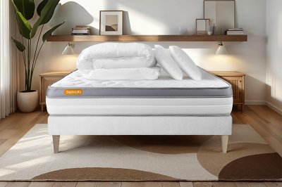 SEPTNUITS Matelas + sommier 140x190 + couette + 2 oreillers Pack Memo zen 140x190 cm