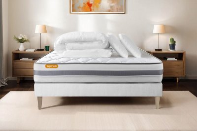 SEPTNUITS Matelas + sommier 140x200 + couette + 2 oreillers Pack Memo spring 140x200 cm