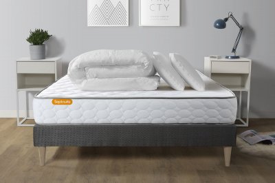 SEPTNUITS Matelas + sommier 160x200 + couette + 2 oreillers Pack Memo 160x200 cm