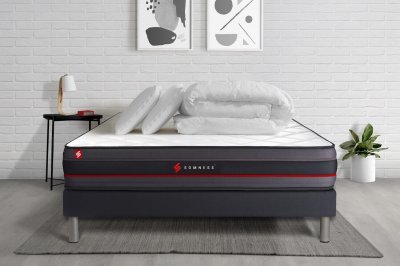 SOMNESS Matelas + sommier 200x200 + couette + 2 oreillers Regen