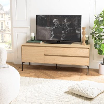  Maxendre - meuble tv naturel 1 porte 2 tiroirs pieds m&eacute;tal noir