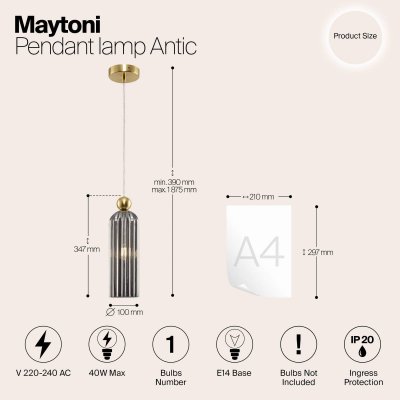 MAYTONI  Antic suspension abat-jour en verre gris