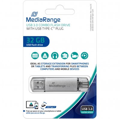 MEDIARANGE  MR936 Cl&eacute; USB 32GB Argent Combo Flash Drive USB 3.1 + Typ C