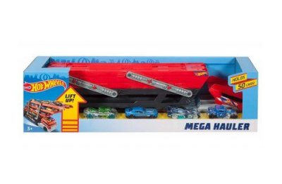 HOT WHEELS Mega camion transporteur : 43.5cm avec 6 panneaux de stationnement + 4 vehicules 