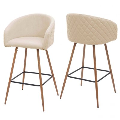 Mendler 2x tabouret de bar HWC-D72, chaise bar/comptoir, avec dossier, tissu ~ velours, cr&egrave;me-beige