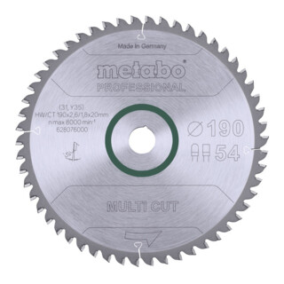 METABO  Lame de scie circulaire HW/CT 190 x 20, 54 FZ/TZ 5&deg; n&eacute;g.