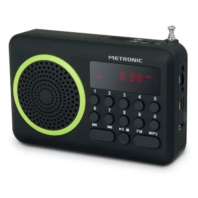 METRONIC  477202 Radio Portable FM Compact avec Port USB + Lecteur Carte Micro SD - Noir et Vert