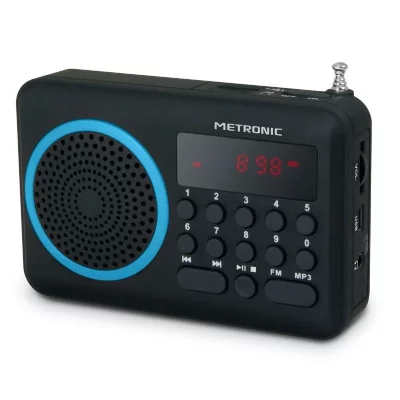 METRONIC  477203 Radio Portable FM Compact avec Port USB + Lecteur Carte Micro SD - Noir et Bleu