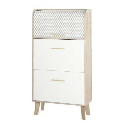 Meuble &agrave; chaussure vintage en bois avec tiroir blanc et rideau coulissant HAPPY