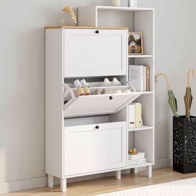 Meuble &Agrave; Chaussures 18 Paires Achille 3 Portes Blanc Et Plateau Bois Avec &Eacute;tag&egrave;re