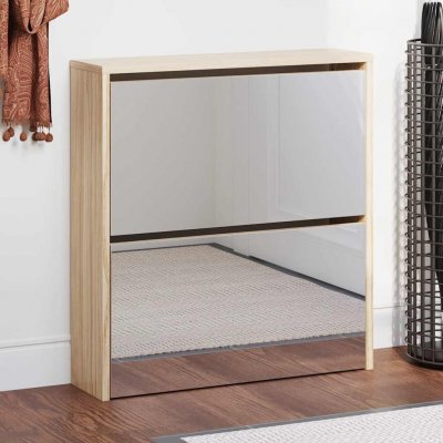 Meuble &agrave; chaussures 2 &eacute;tages avec miroir 63 x 17 x 67 cm ch&ecirc;ne