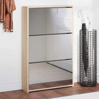 Meuble &agrave; chaussures 3 &eacute;tag&egrave;res Miroir 63 x 17 x 102,5 cm Ch&ecirc;ne