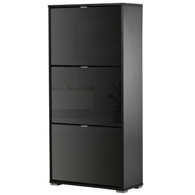 Meuble &agrave; chaussures 3 portes abattantes 3 compartiments mdf noir laqu&eacute;