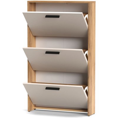 Meuble &agrave; chaussures 3 portes avec pieds, coloris Beige/ch&ecirc;ne Mauvella