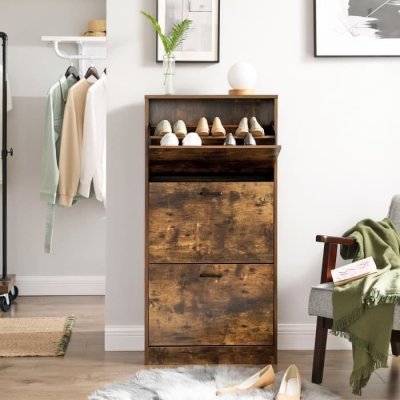 Meuble &agrave; chaussures &agrave; 3 abattants 3 compartiments marron rustique