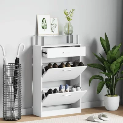 Meuble &agrave; chaussures avec tiroir et plateau en verre bois blanc 241244