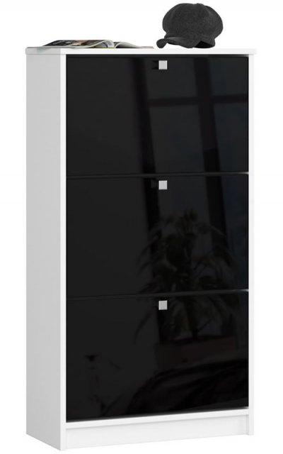 Meuble &agrave; chaussures Blanc 60 cm 3 portes 3 tiroirs fa&ccedil;ade Noir Brillant 3 &eacute;tag&egrave;res 60x28,5x113 cm