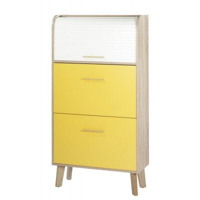 Meuble &agrave; Chaussures Ch&ecirc;ne Abattants Jaunes - Coloris Rideau: Rideau Blanc