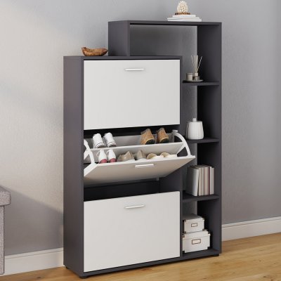 Meuble &agrave; chaussures gris 3 portes blanches avec &eacute;tag&egrave;re